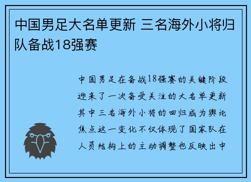 中国男足大名单更新 三名海外小将归队备战18强赛