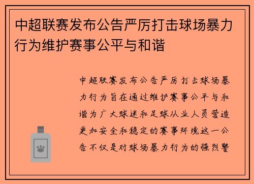 中超联赛发布公告严厉打击球场暴力行为维护赛事公平与和谐