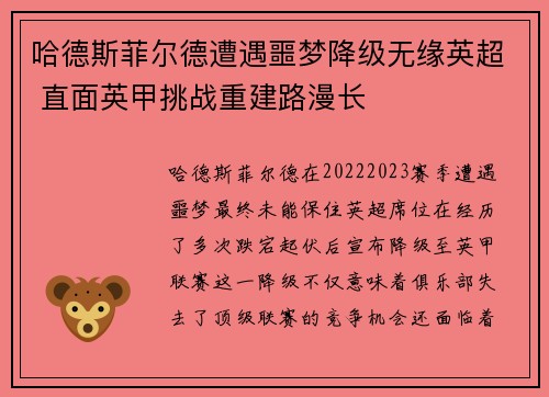 哈德斯菲尔德遭遇噩梦降级无缘英超 直面英甲挑战重建路漫长