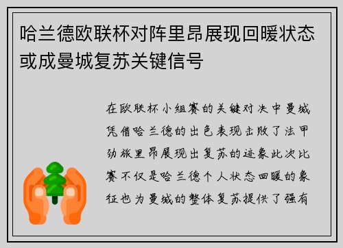 哈兰德欧联杯对阵里昂展现回暖状态或成曼城复苏关键信号 哈兰德欧联杯对阵里昂展现回暖状态或成曼城复苏关键信号