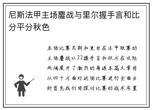 尼斯法甲主场鏖战与里尔握手言和比分平分秋色